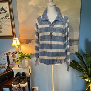 Striped Blue and White Women's Turtleneck Sweater